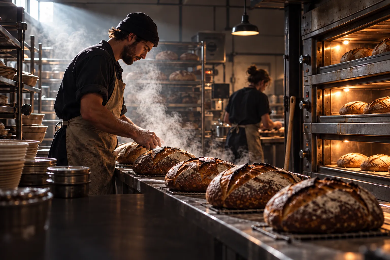 A baker scoring sourdough loaves on a long steel bench at four in the morning, deck ovens glowing beside him and steam in a shaft of light
