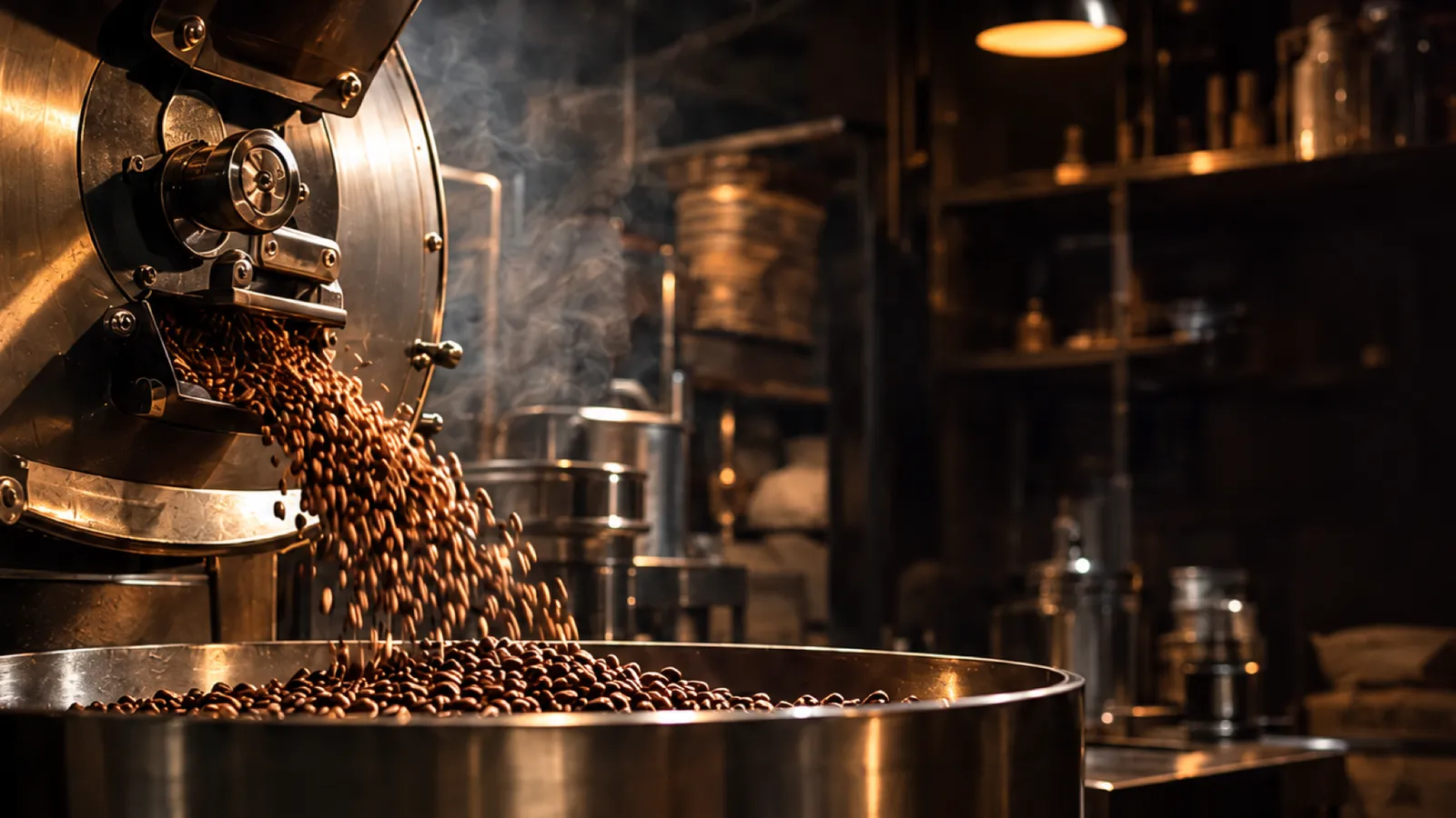 A small drum roaster pouring freshly roasted coffee beans into its cooling tray in a dark back room, smoke rising