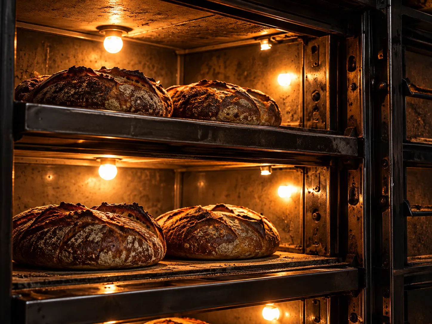 Deck ovens open and glowing with loaves on the stone