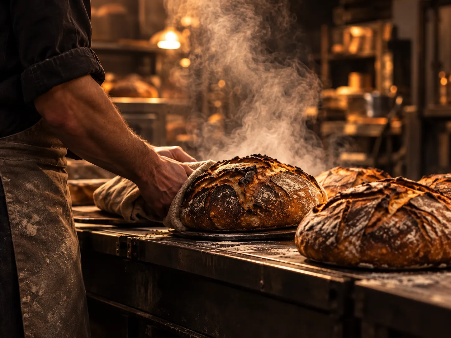 The first loaves lifted out of the oven, steam rising
