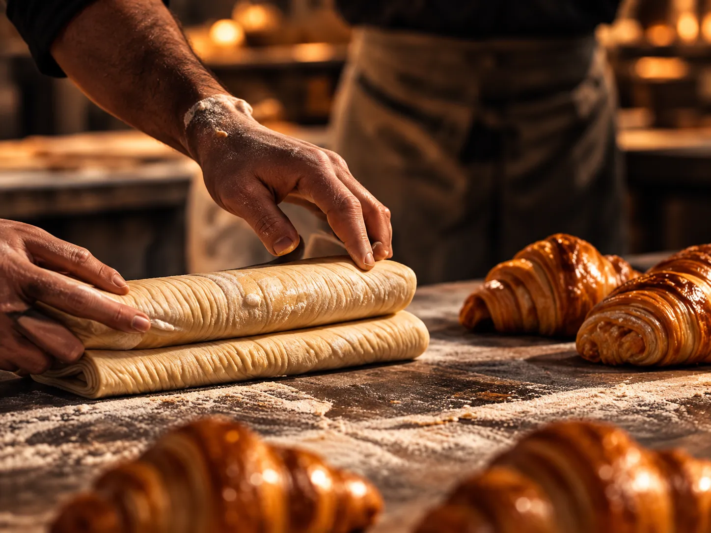 Hands rolling croissant dough on a floured bench