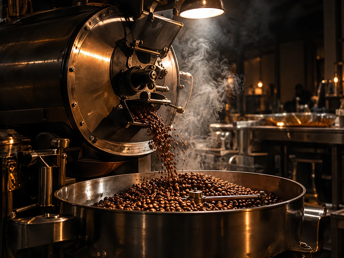 Roasted beans turning in the roaster's cooling tray
