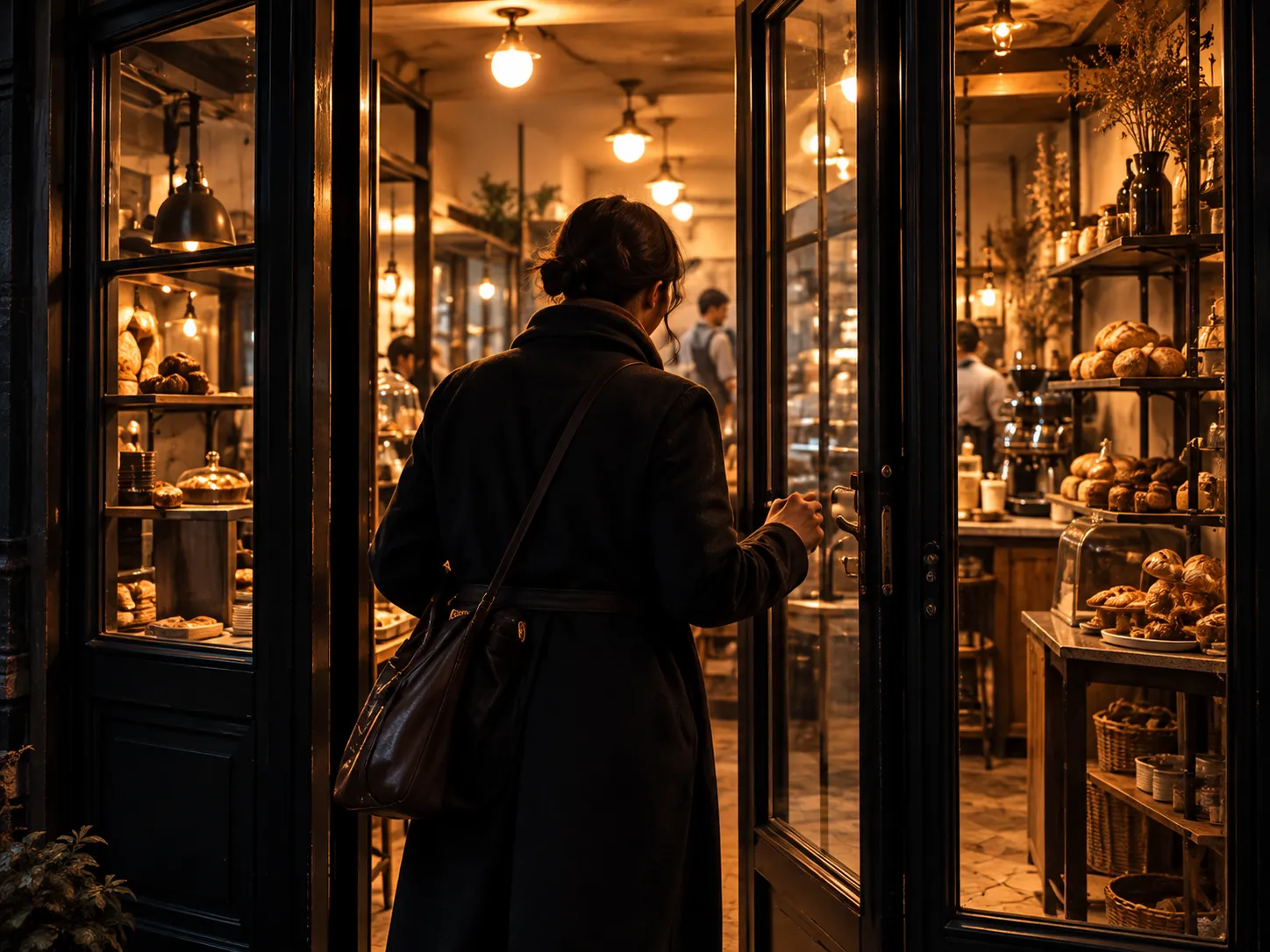 The first customer stepping through the glass door into the lit shop