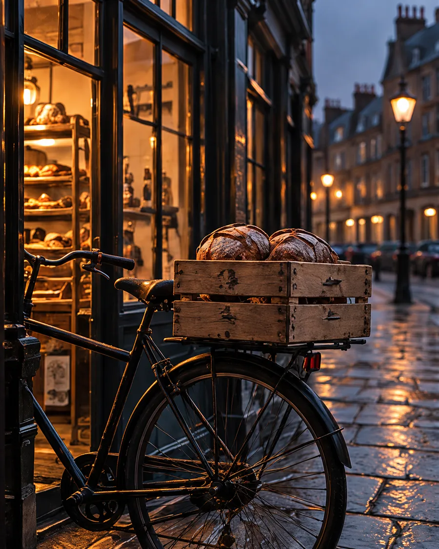 A bicycle with a crate of loaves on its front rack against a lit bakery window at dawn