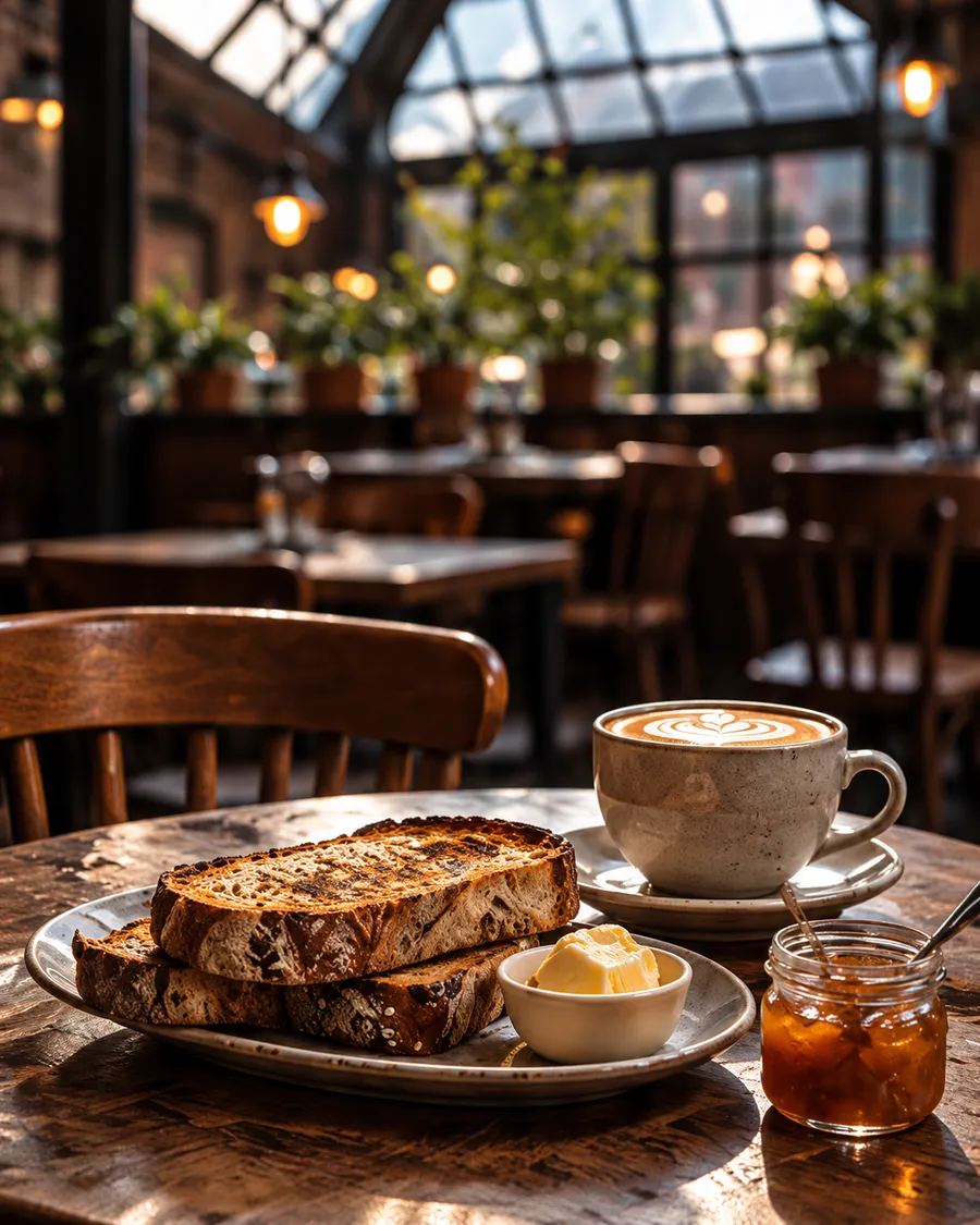 Sourdough toast with butter and marmalade beside a flat white on a café table under the skylight