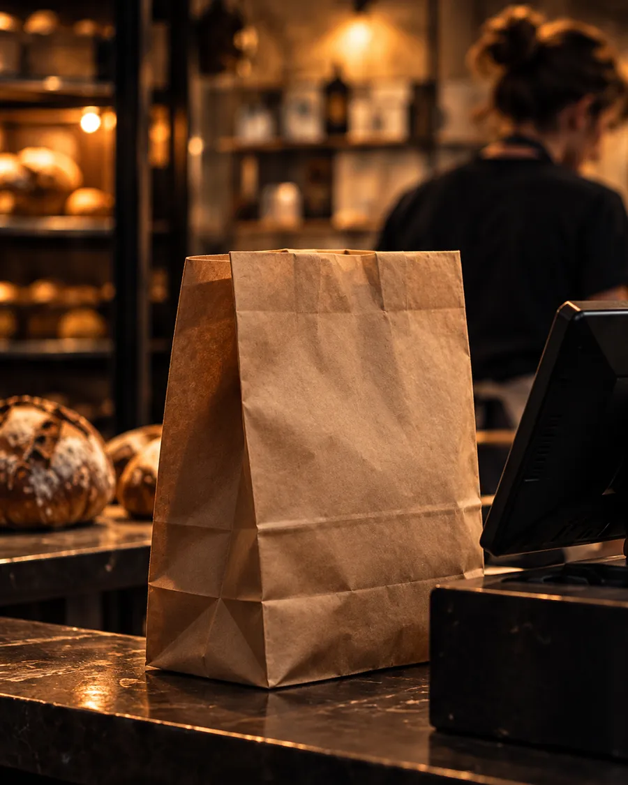 A plain paper bag folded shut on the counter beside the till, loaves on the shelves behind