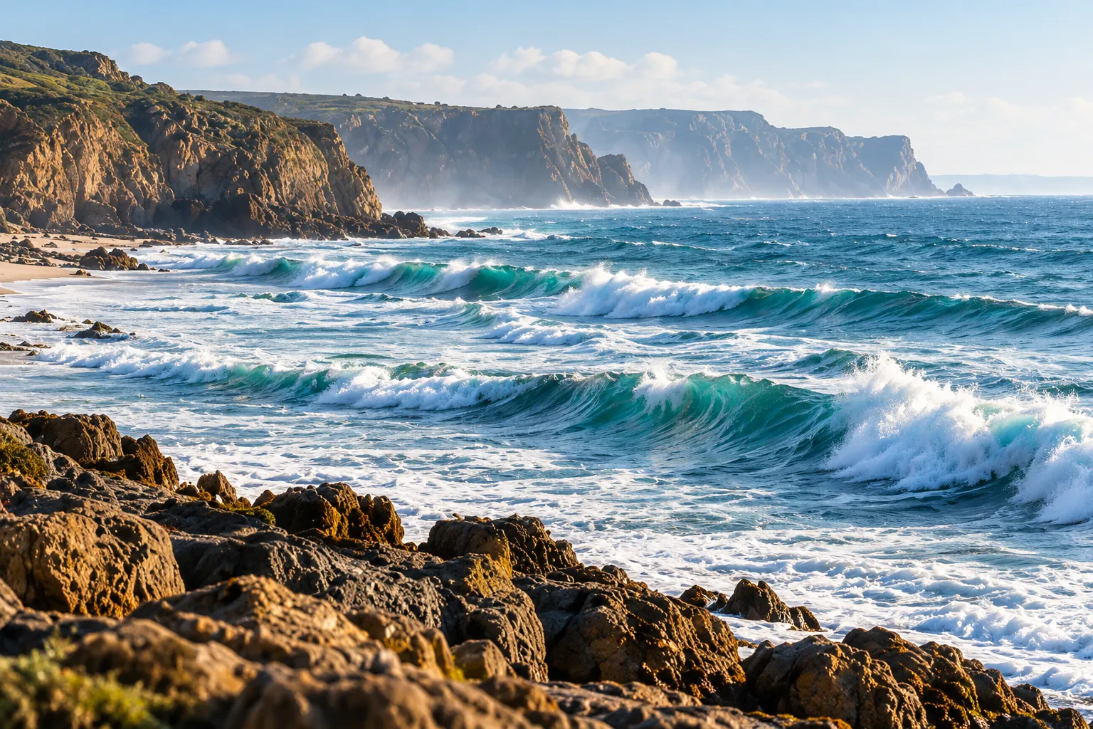 Waves rolling into a rocky cove below the cliffs on a bright morning