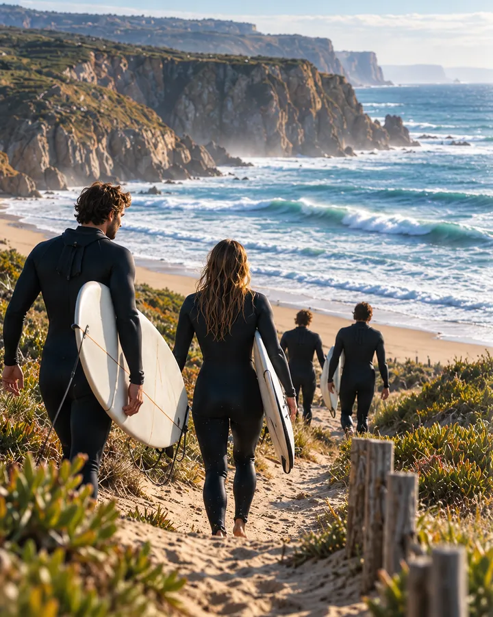 A group of surfers carrying boards down a sandy dune path towards the sea and the cliffs