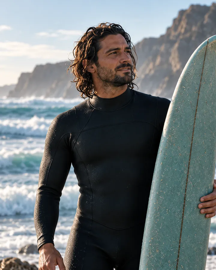 Rui Matos in a black wetsuit holding a pale green longboard, the sea and cliffs behind him