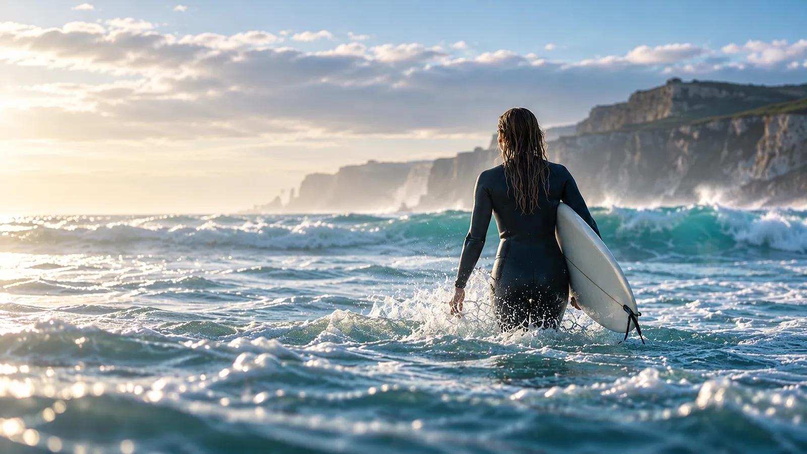 A surfer seen from behind wading into the Atlantic with a white board under her arm, limestone cliffs and breaking waves ahead