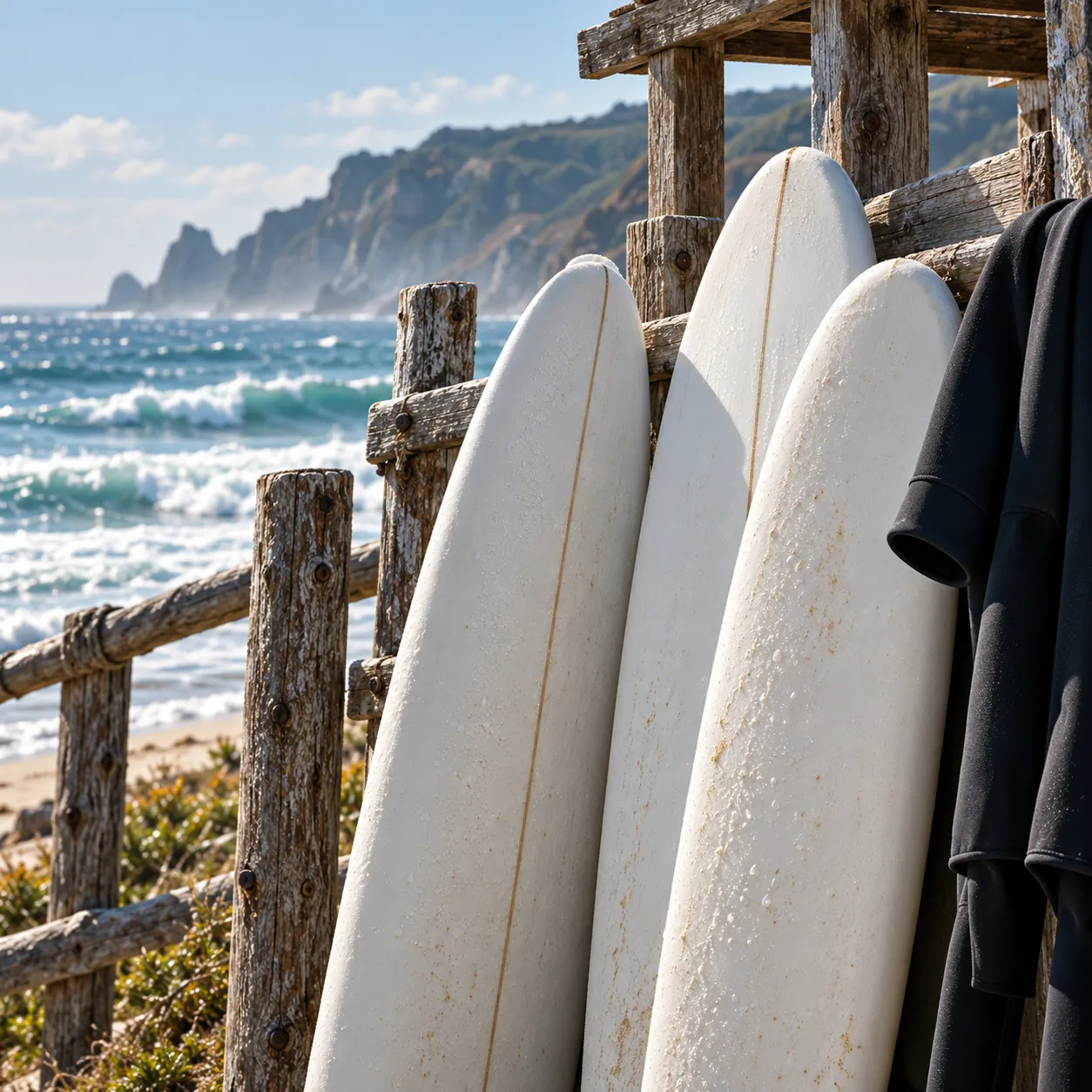 White soft-top surfboards standing upright in a wooden beach rack