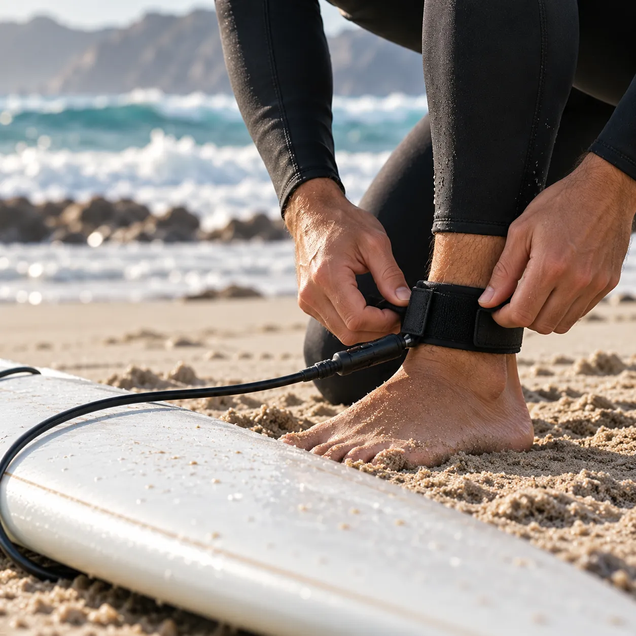 A hand fastening a surf leash around an ankle beside a white board on the sand