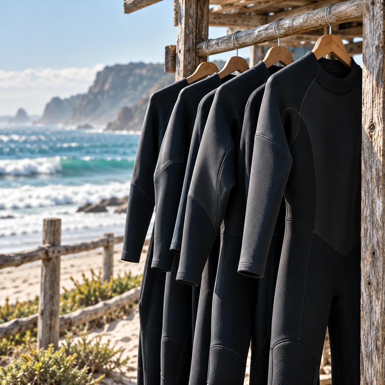 Black wetsuits hanging on a wooden rail at the beach hire hut
