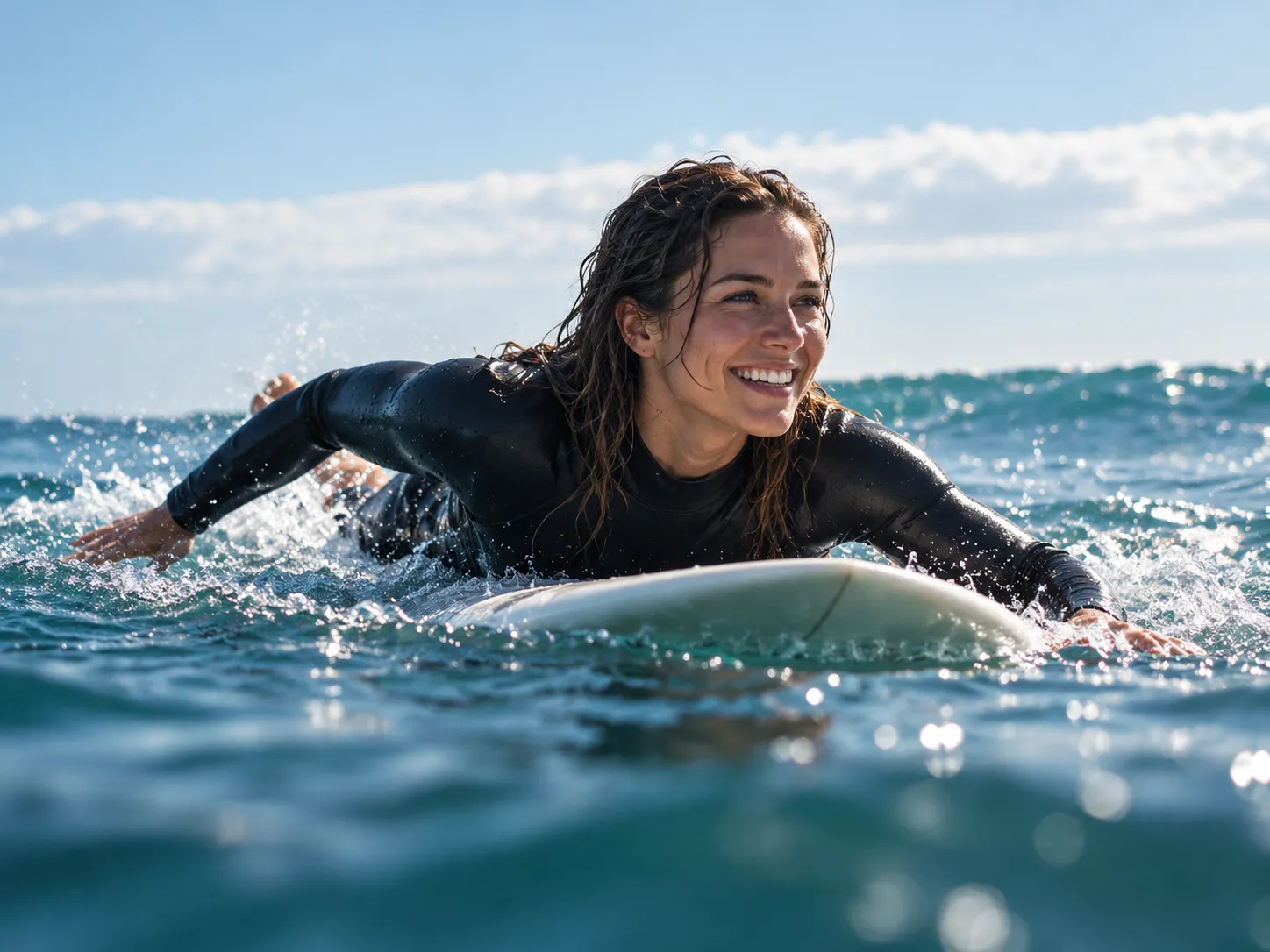A smiling beginner paddling a white surfboard through the shallows