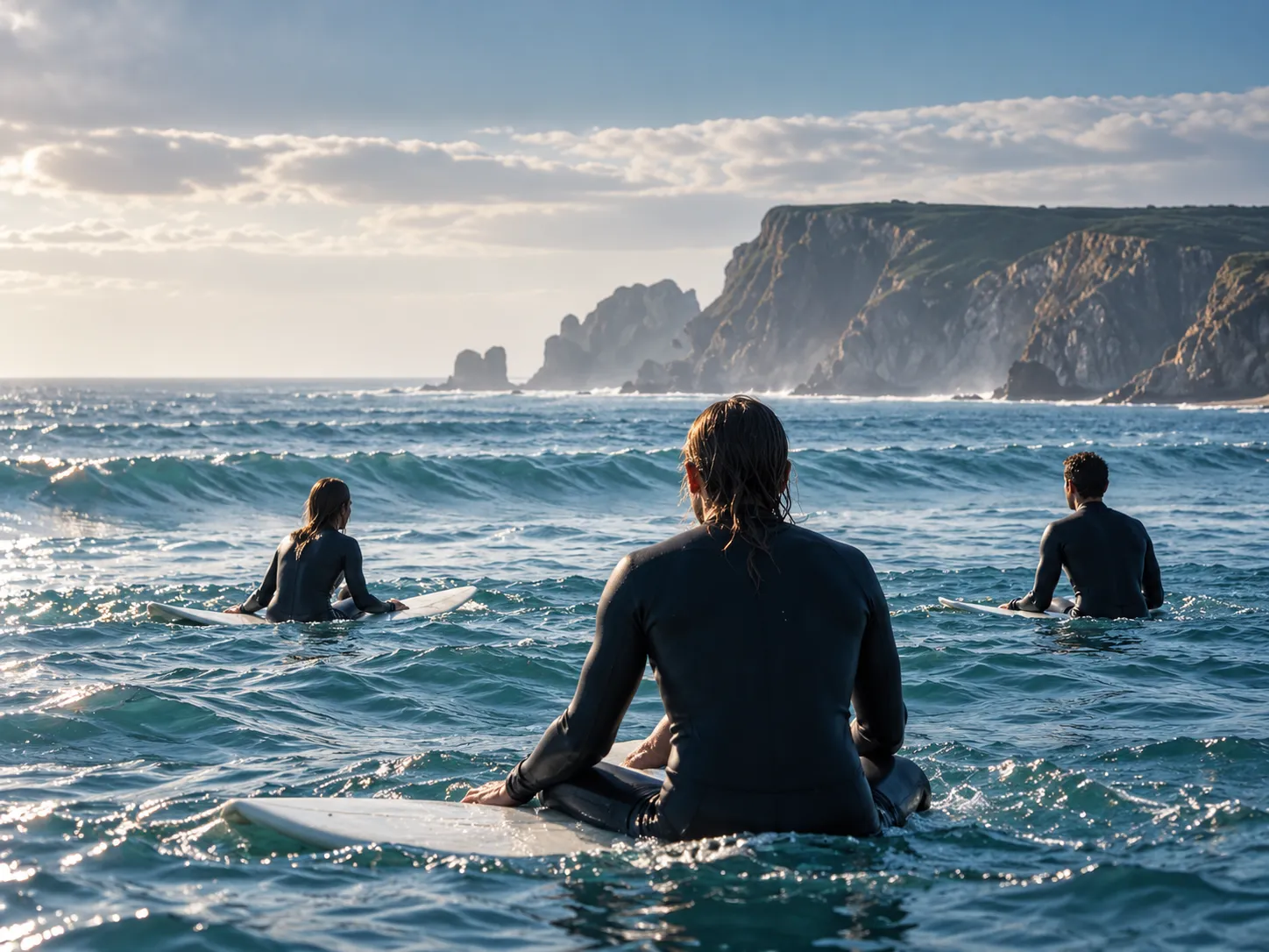 Three surfers sitting on their boards in the water, seen from behind, the cliffs ahead