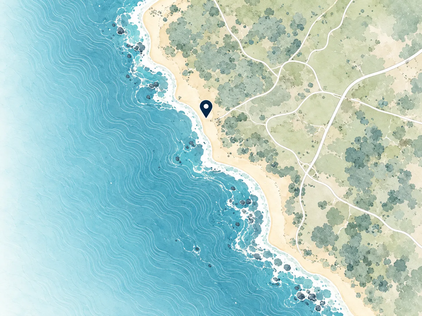 An illustrated map of the coast at Praia do Norte Velho: the sea, the beach and the lanes behind it, a pin on the beach