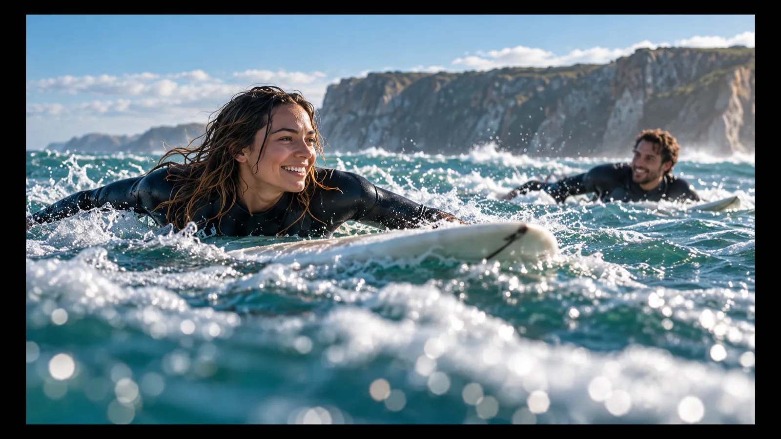 A laughing surfer paddling through white water, a second surfer on a board behind her