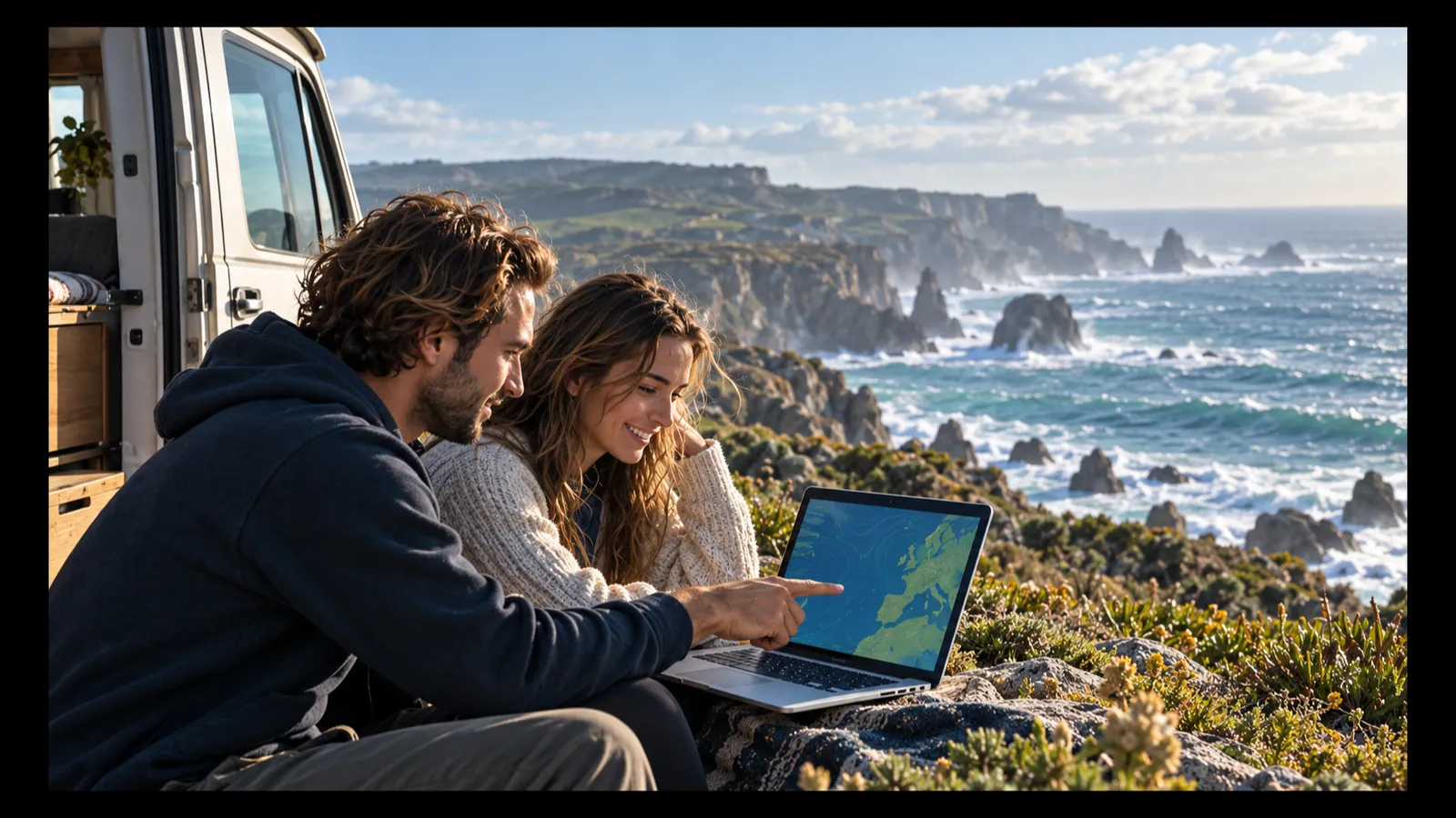 A coach and a surfer by a van on the clifftop, looking at a weather map on a laptop above the sea