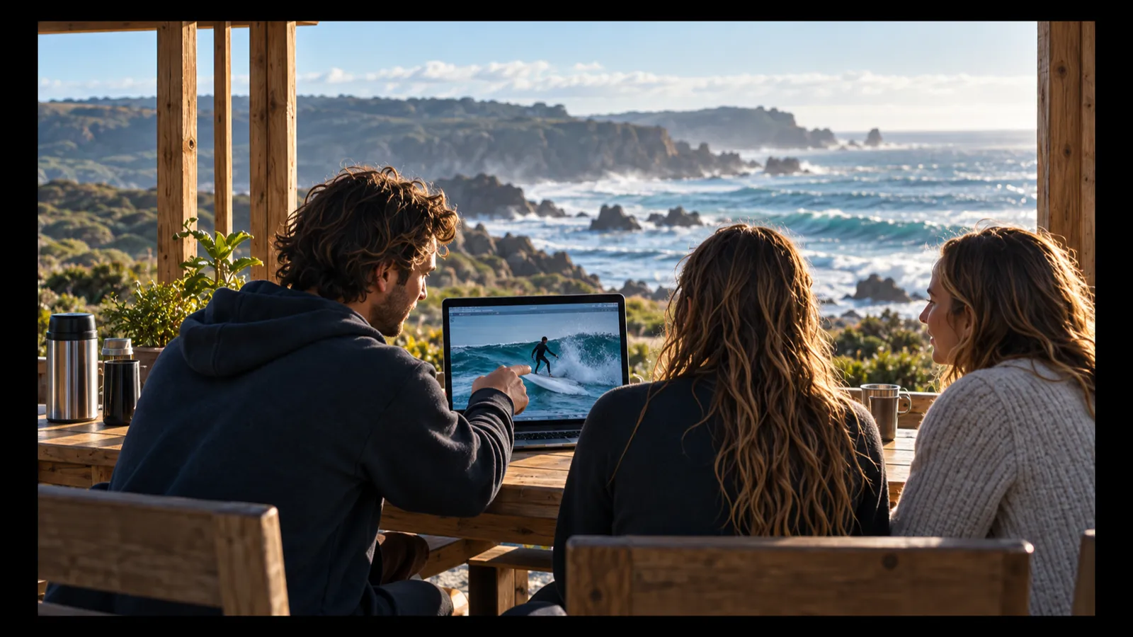 A coach at a beach-hut table pointing at a clip of a surfer on a laptop, two surfers watching