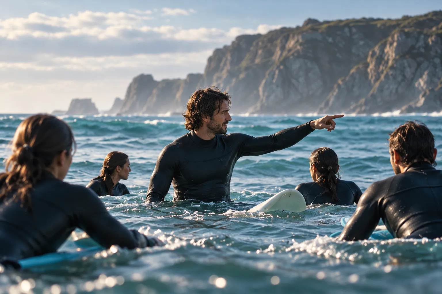 A coach standing in the water pointing out to sea, learners on their boards around him