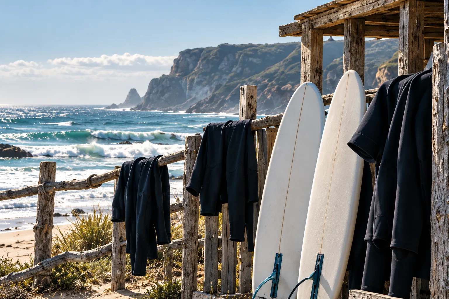 White surfboards standing in a wooden rack on the beach beside black wetsuits on a rail