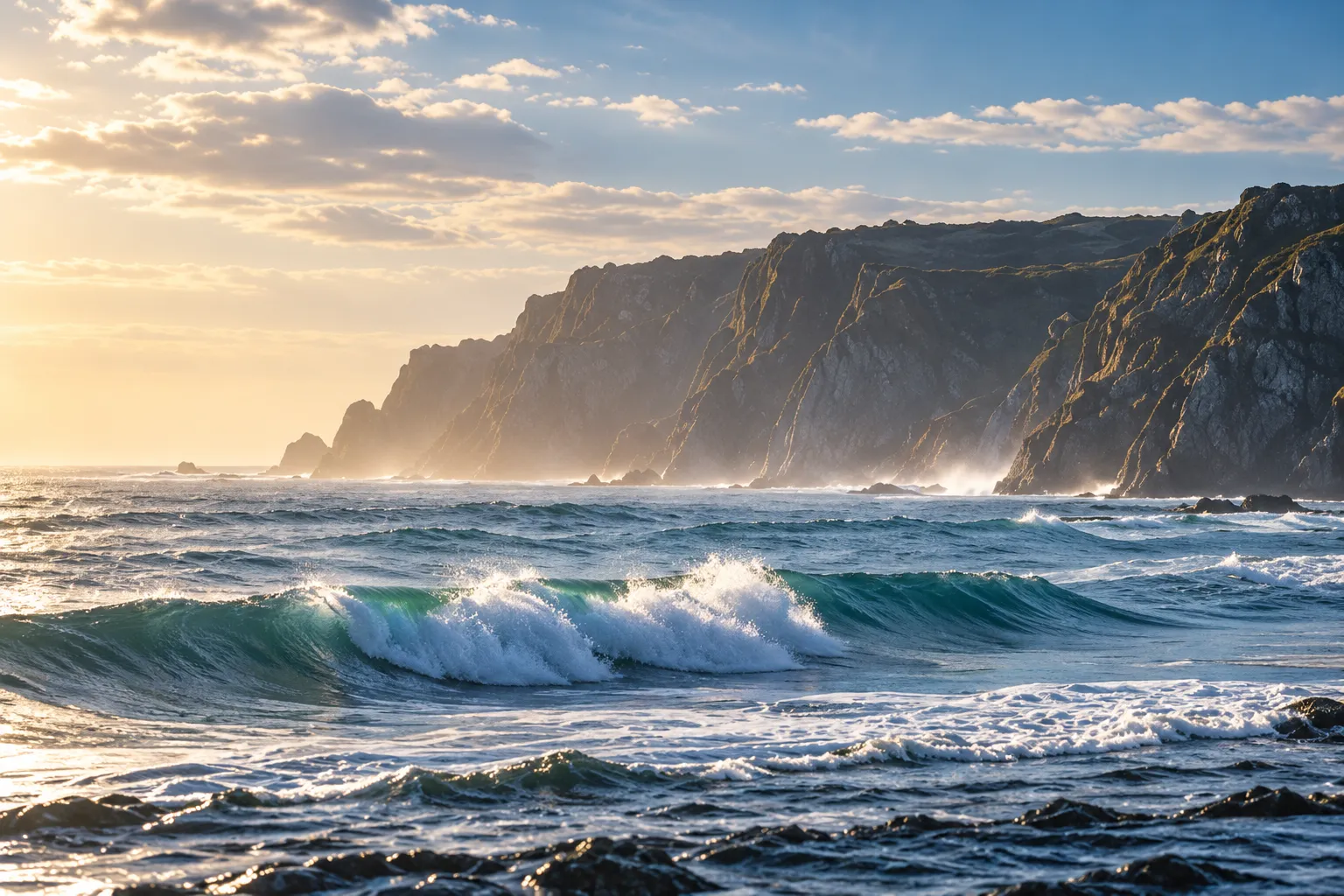 A clean wave breaking in front of the cliffs in golden light