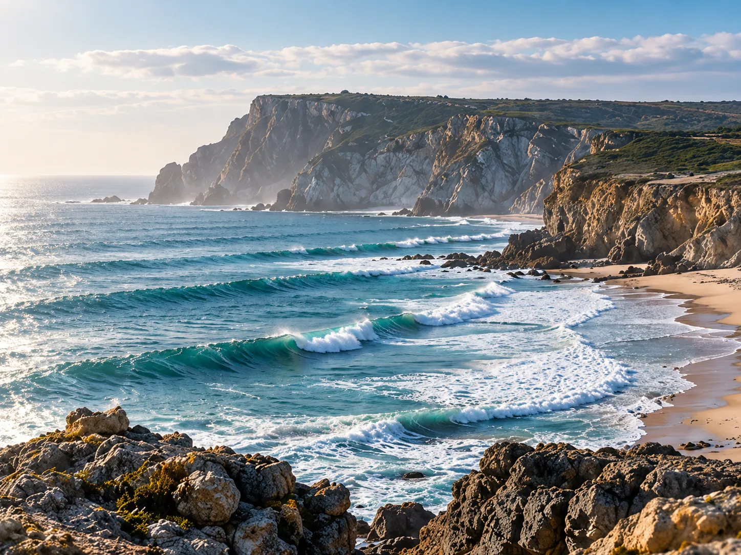 The cliff coast above a sandy bay, lines of teal waves rolling in towards the rocks in the foreground