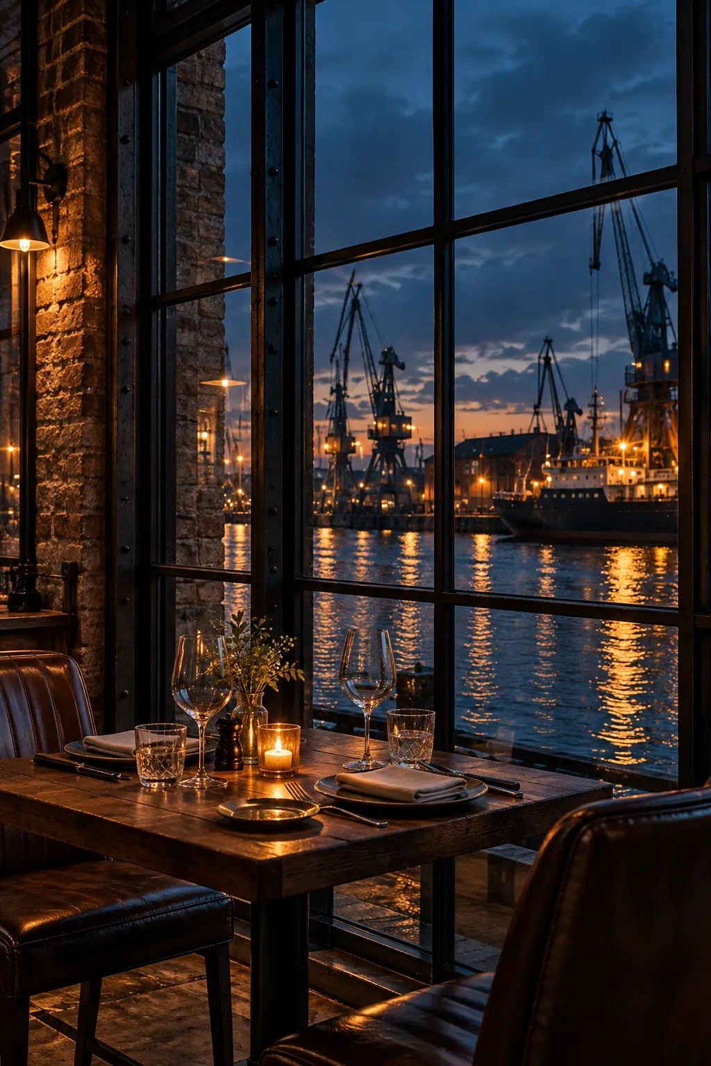 A table for two laid by a tall steel-framed window, the harbour cranes and a ship's lights outside at blue hour