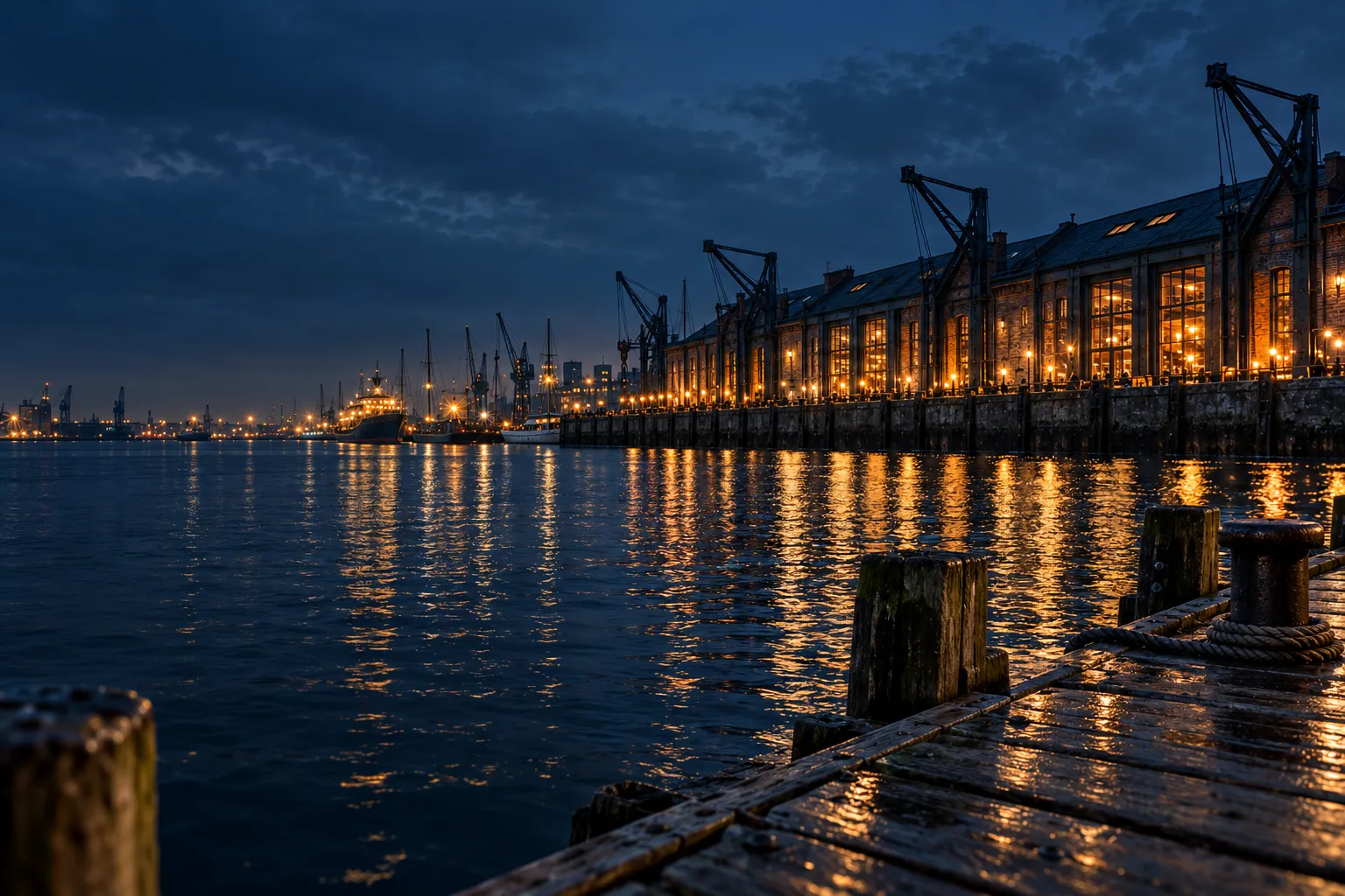 The harbour at night from the end of a timber jetty, the long warehouse lit amber across the calm water