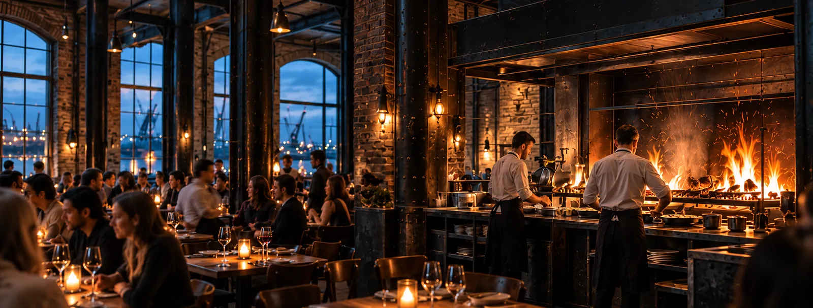 An evening service: guests at candlelit tables beneath arched windows on one side, two cooks at the open fire on the other