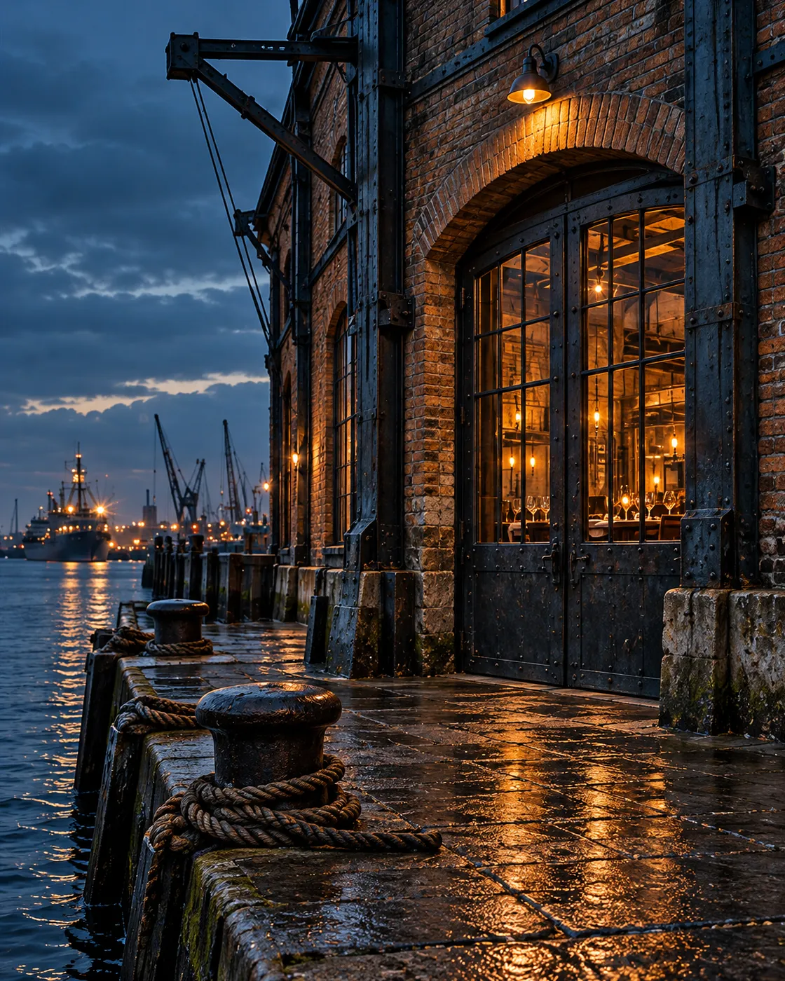 The warehouse door under its brick arch on the wet quay, a lamp above it, mooring bollards and rope along the water's edge