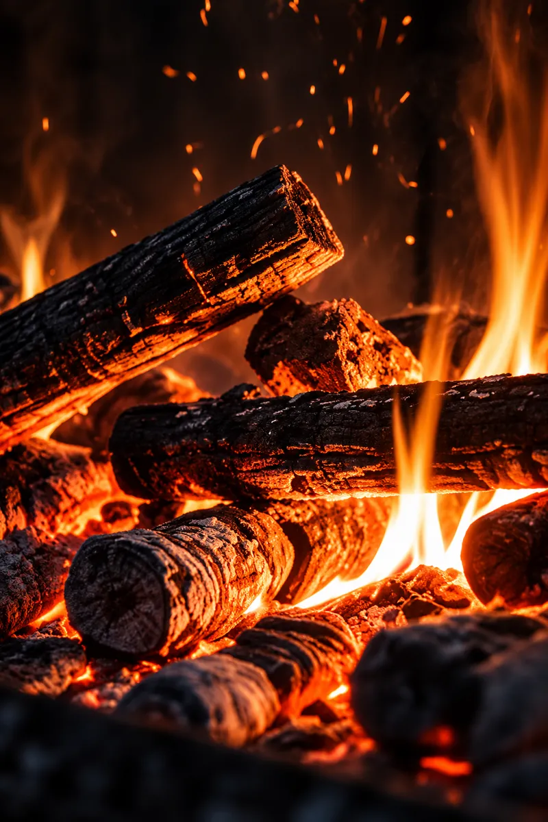 Logs burning down to embers in the hearth