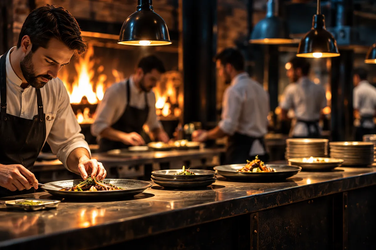 A cook finishing plates at the pass under hanging lamps, the fire behind