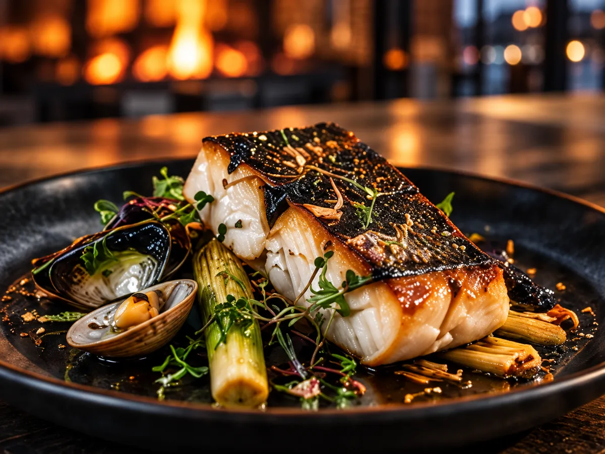 A fillet of fish charred over the coals with clams and leeks on a dark plate