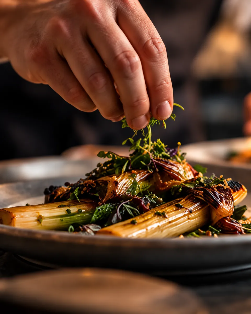 Fingers scattering herbs over a plate of charred leeks