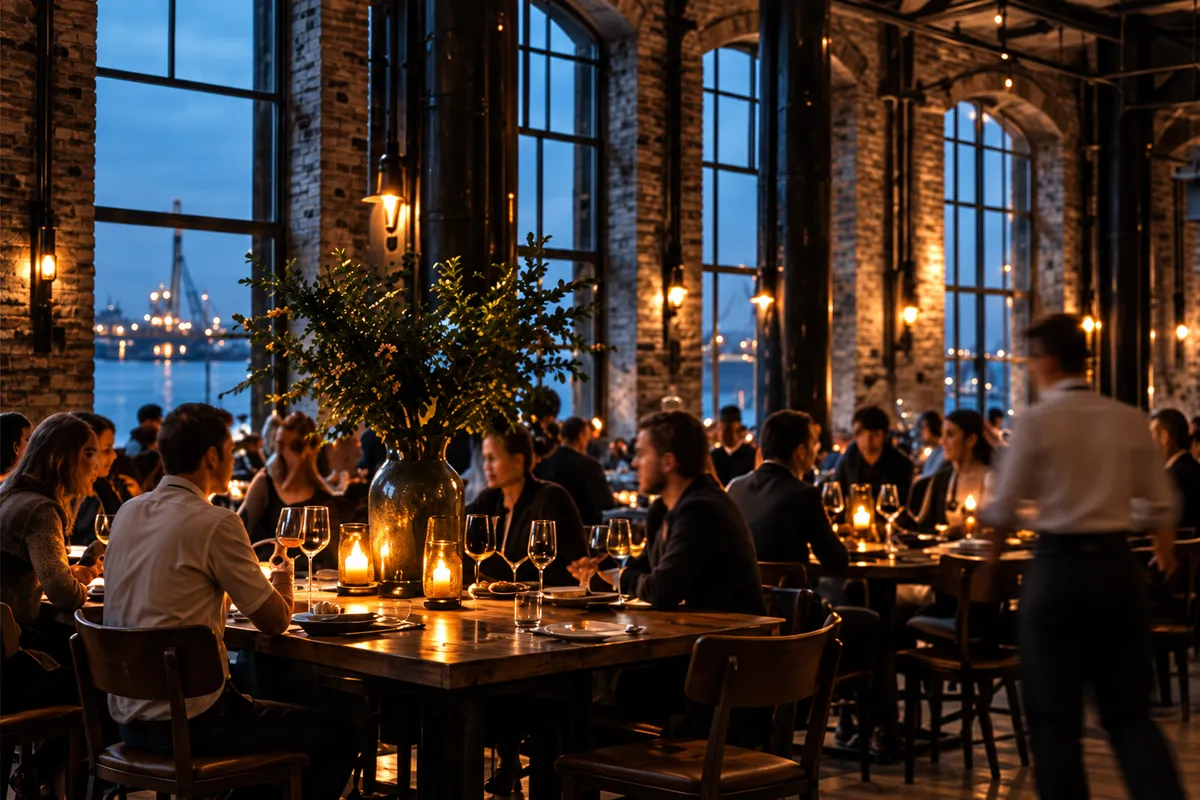 Guests at tables beneath tall steel windows, the harbour lights outside at dusk