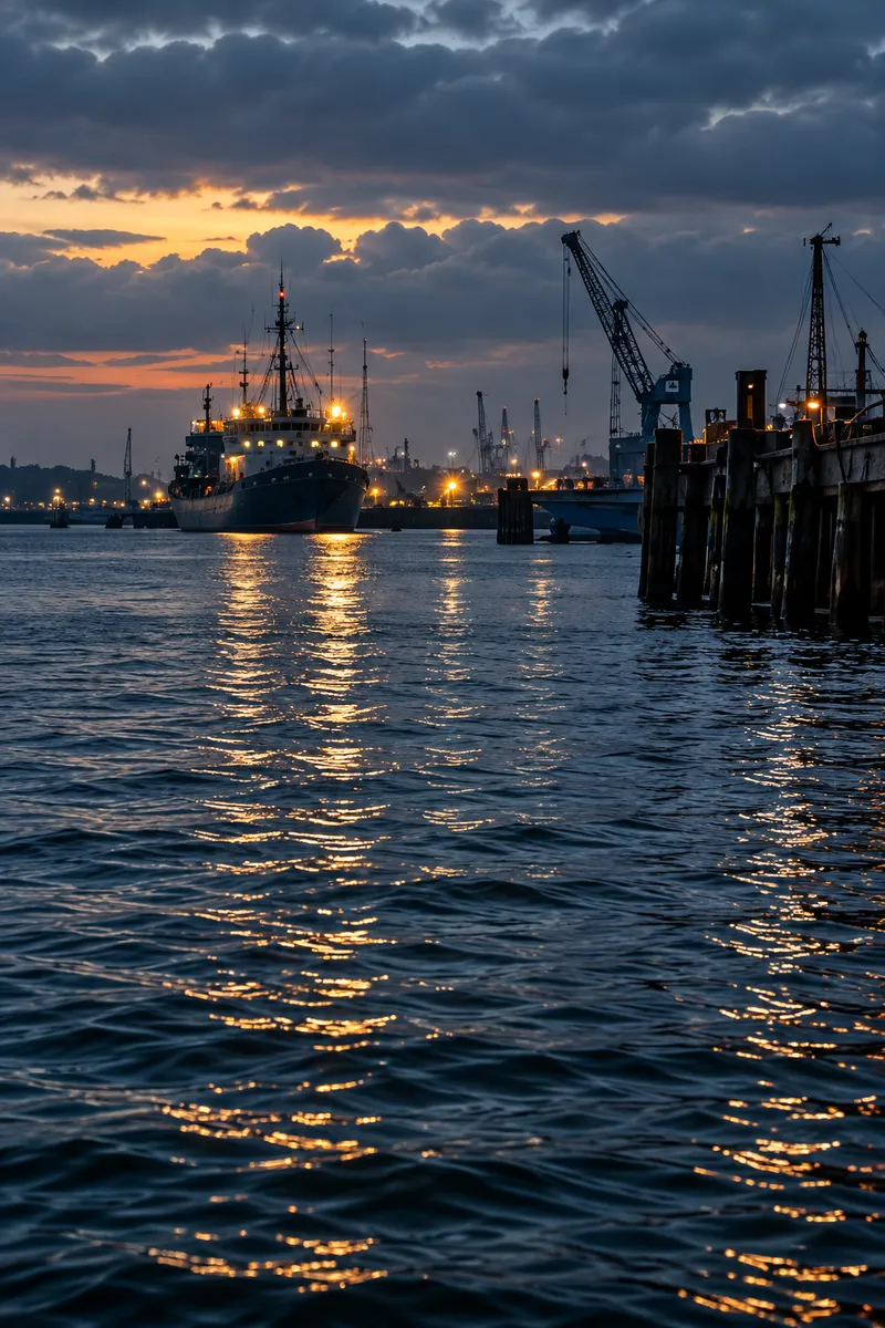 The harbour from the quay at dusk, a moored ship lit up beside the cranes