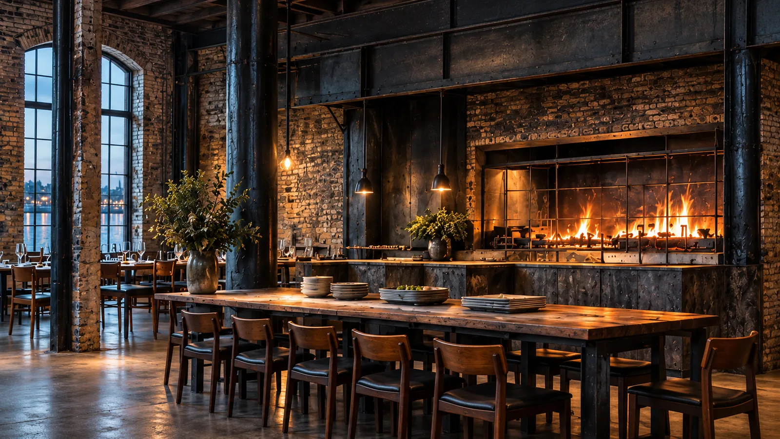 The dining room inside the warehouse: brick walls, iron columns, tall arched windows onto the water and a long open hearth behind a timber counter
