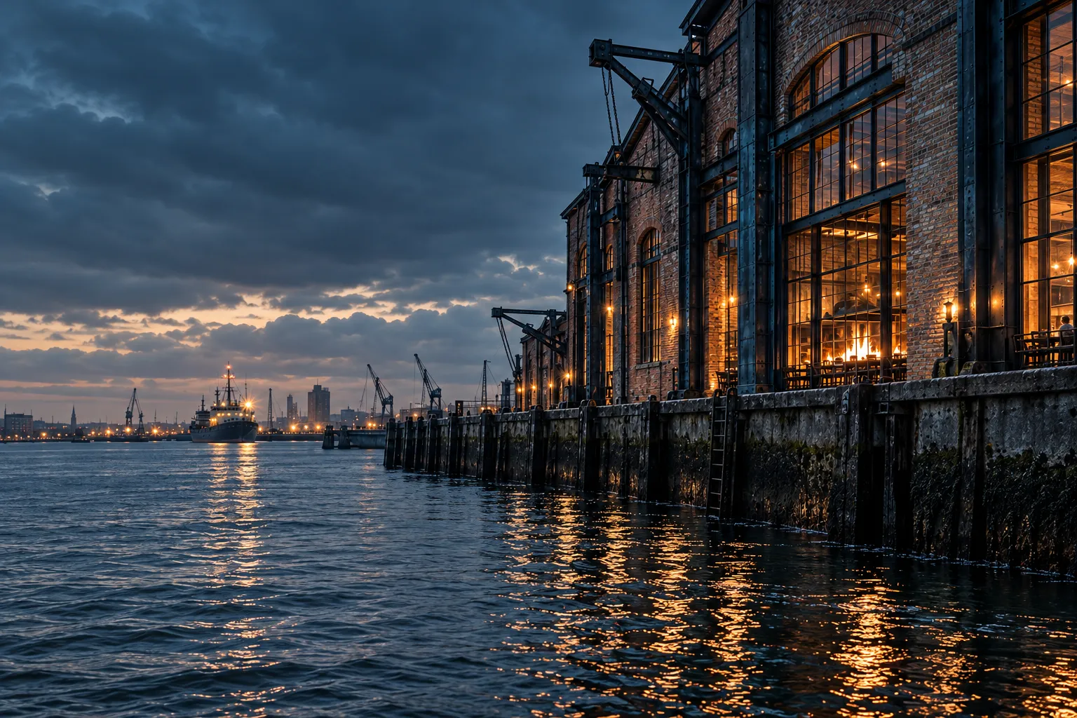 The brick dock warehouse at dusk, its tall iron-framed windows lit amber above the quay wall and the dark water, harbour cranes and a moored ship on the horizon
