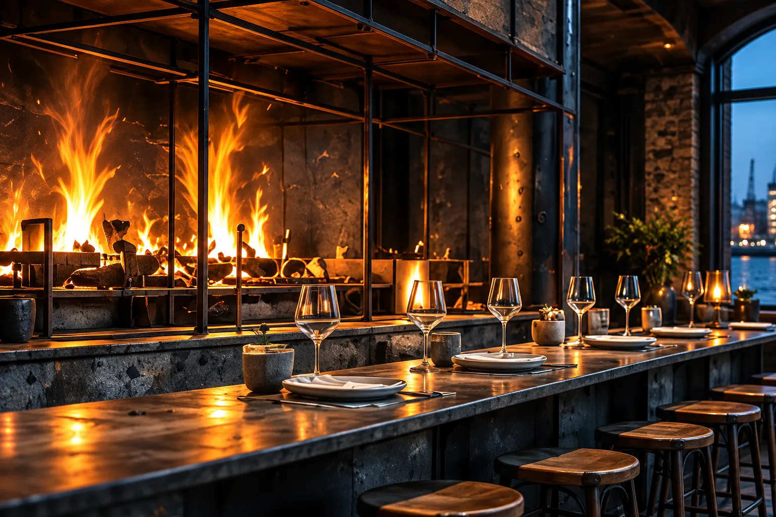 The counter over the open hearth, flames behind a steel frame, glasses and plates laid along the dark wood