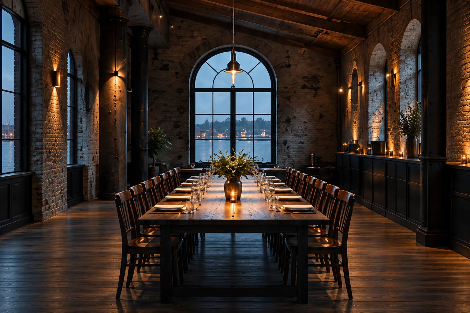 The Long Room upstairs: one long table laid for fourteen under a single lamp, an arched window onto the harbour at its end