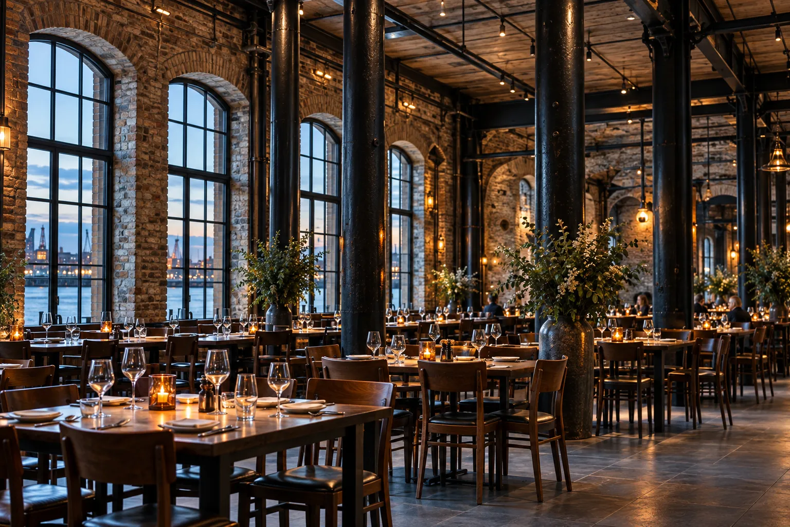 The main dining room under iron columns, tables laid with candles and glasses, tall arched windows onto the harbour at dusk
