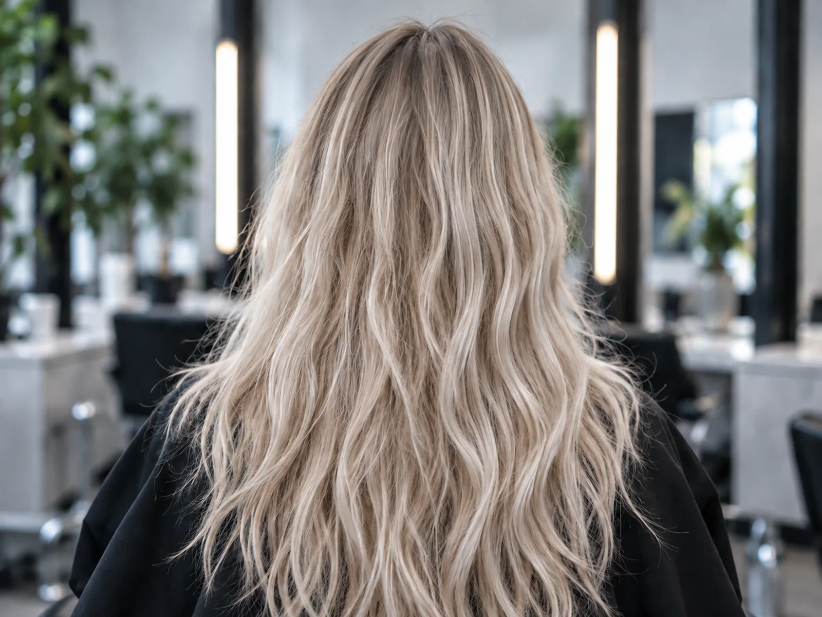 The same hair after colour: an even, cool ash blonde from root to tip, glossy and softly waved