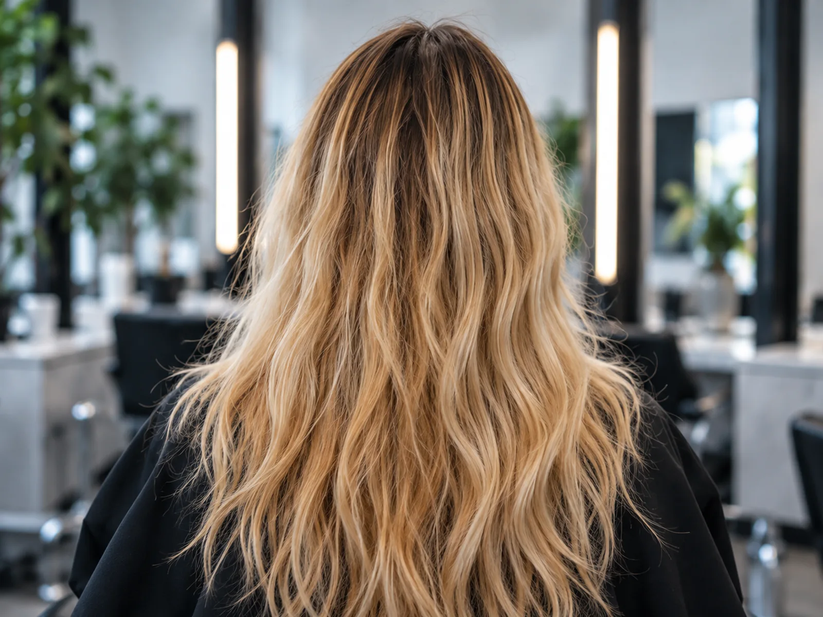 The back of a client's long wavy hair before colour: dark roots grown out over brassy, faded blonde lengths