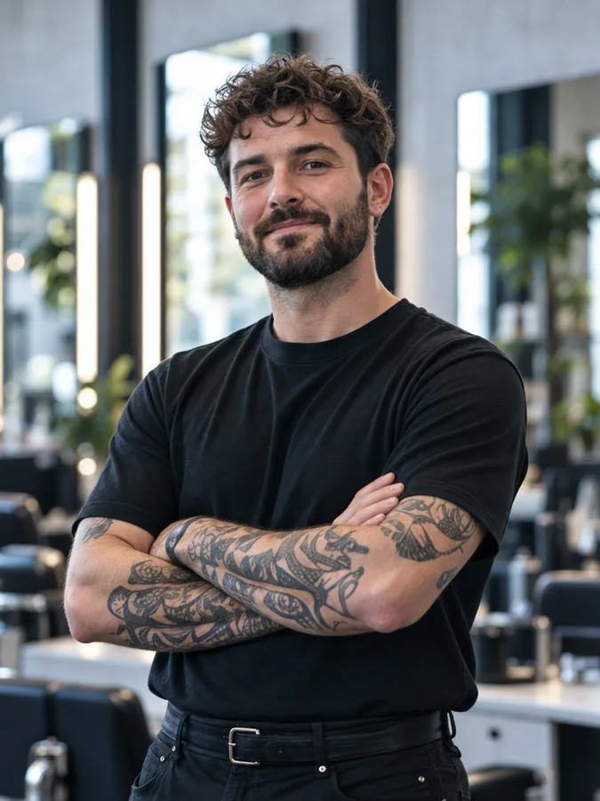 Portrait of Callum Reid with curly dark hair and a short beard, tattooed arms crossed, in a black T-shirt in the salon