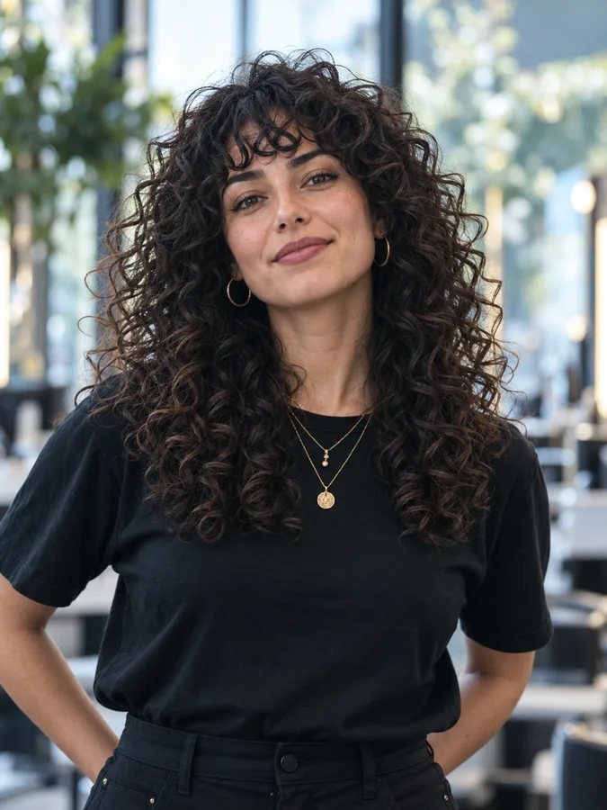 Portrait of Inês Moreira with long dark curls and a fringe, in a black T-shirt, smiling in the salon