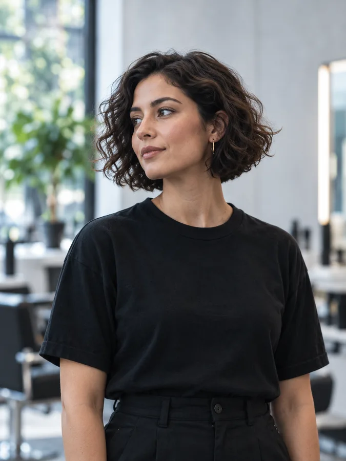 Portrait of Noor Haddad with a short dark curly bob, in a black T-shirt, looking to one side in the salon