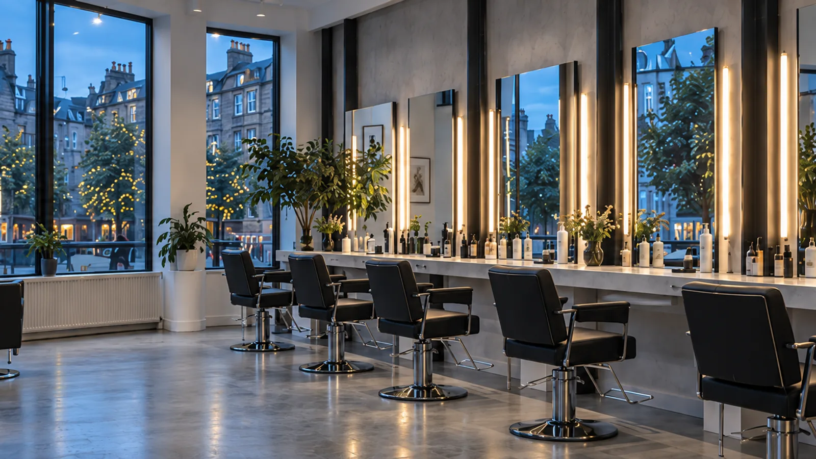 The empty salon at blue hour: a row of black chairs facing lit mirrors, tall windows onto lit stone tenements and trees