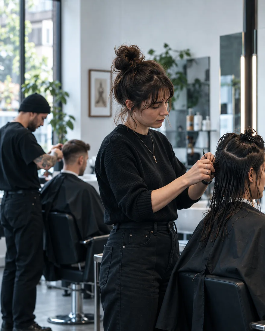 A stylist with her hair in a bun sectioning a client's wet dark hair with a clip, a barber in a beanie cutting a man's hair behind her