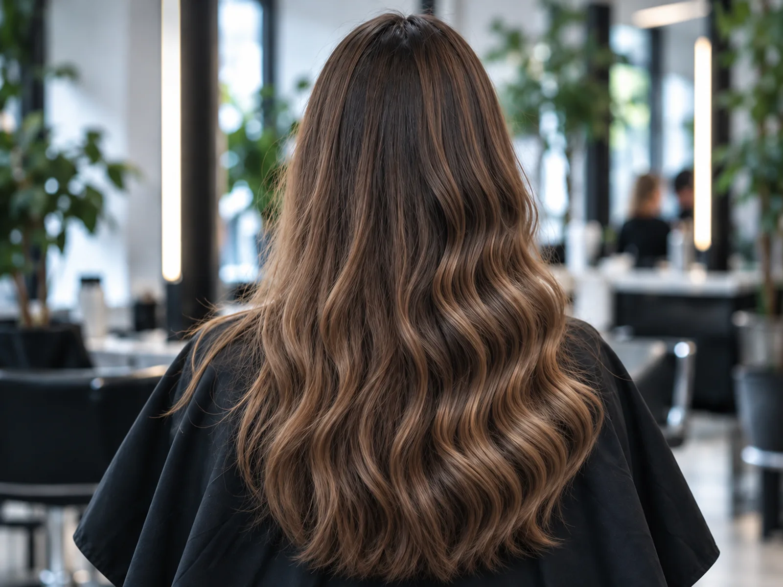 The same brown hair after styling, brushed out into glossy, soft waves